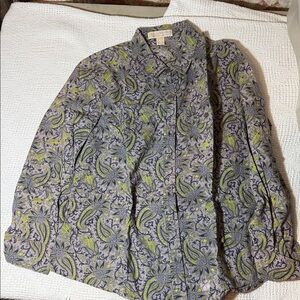 Michael Kors women's  Gray Paisley Button-Down with Olive Green Details